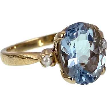 14K, Aquamarine & Seed Pearl Ring - image 1