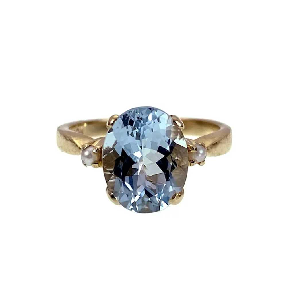 14K, Aquamarine & Seed Pearl Ring - image 2