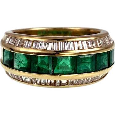 Vintage 18K, Emerald & Diamond Band Ring - image 1