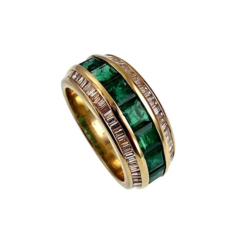 Vintage 18K, Emerald & Diamond Band Ring - image 2