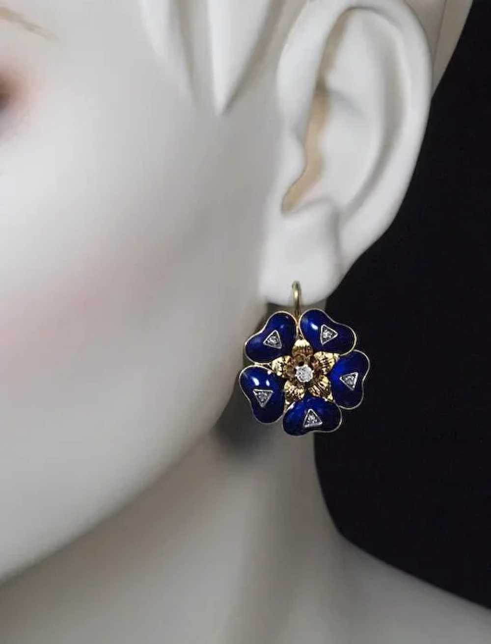 Antique Victorian Enamel Diamond 18K Gold Earrings - image 2