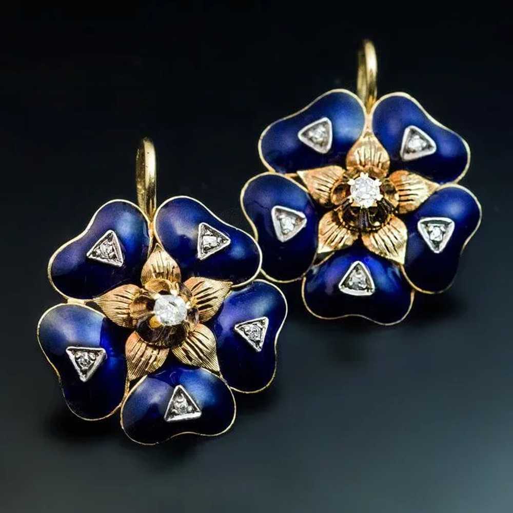 Antique Victorian Enamel Diamond 18K Gold Earrings - image 3