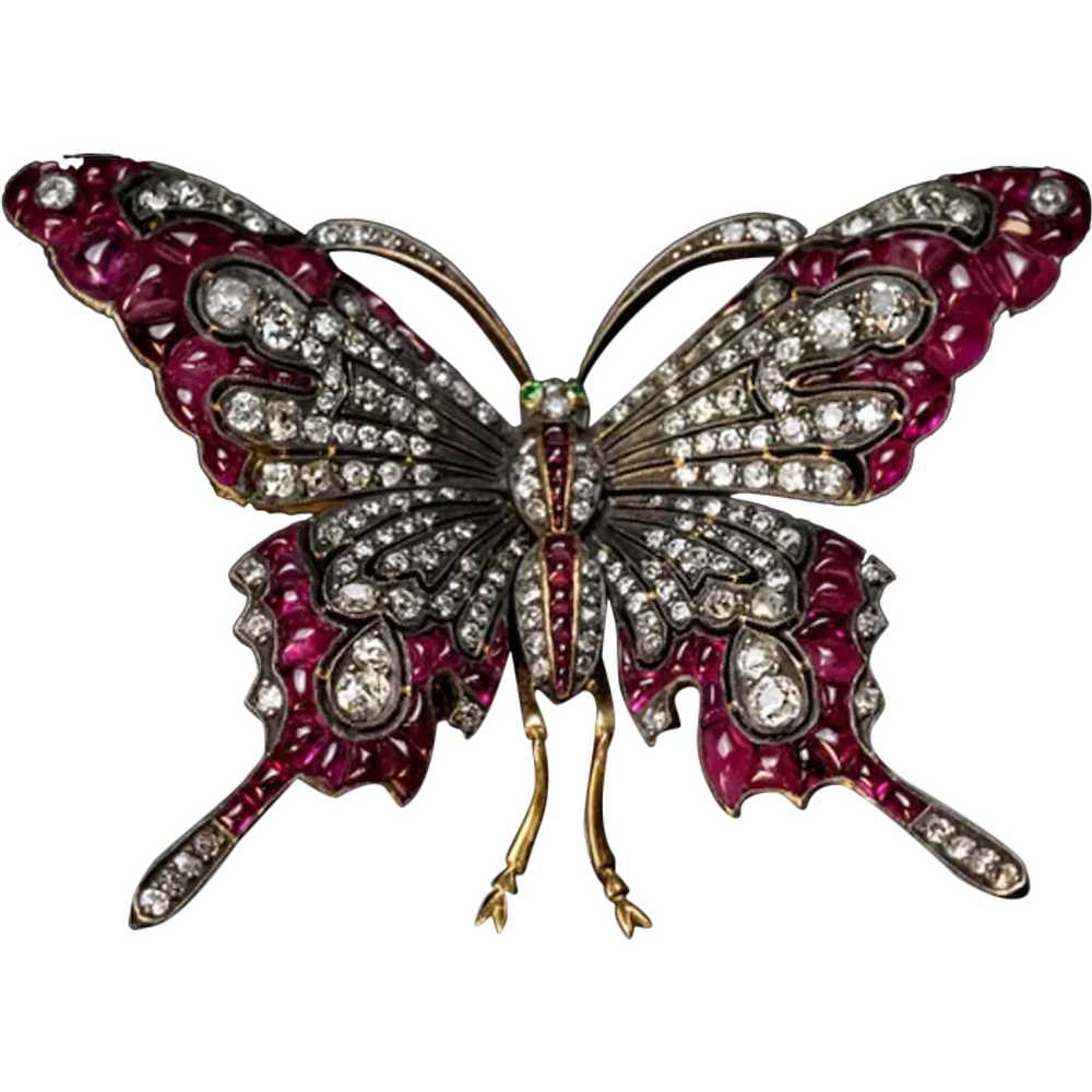 Vintage Diamond And Ruby Large Butterfly Brooch P… - image 1