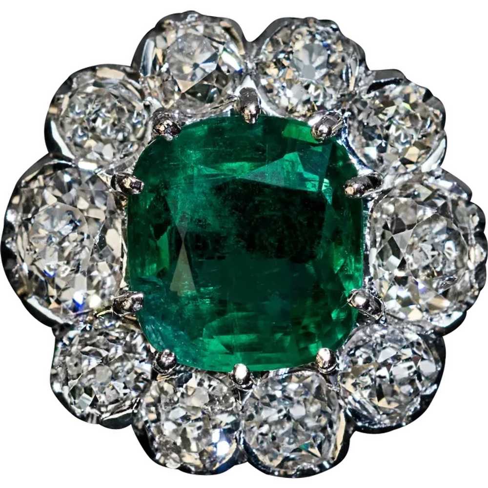 Vintage Emerald And Old Mine Cut Diamond Engageme… - image 1