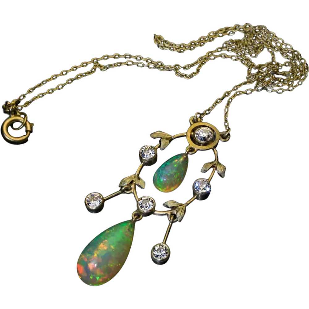 Belle Epoque Antique Opal Diamond Gold Necklace R… - image 1
