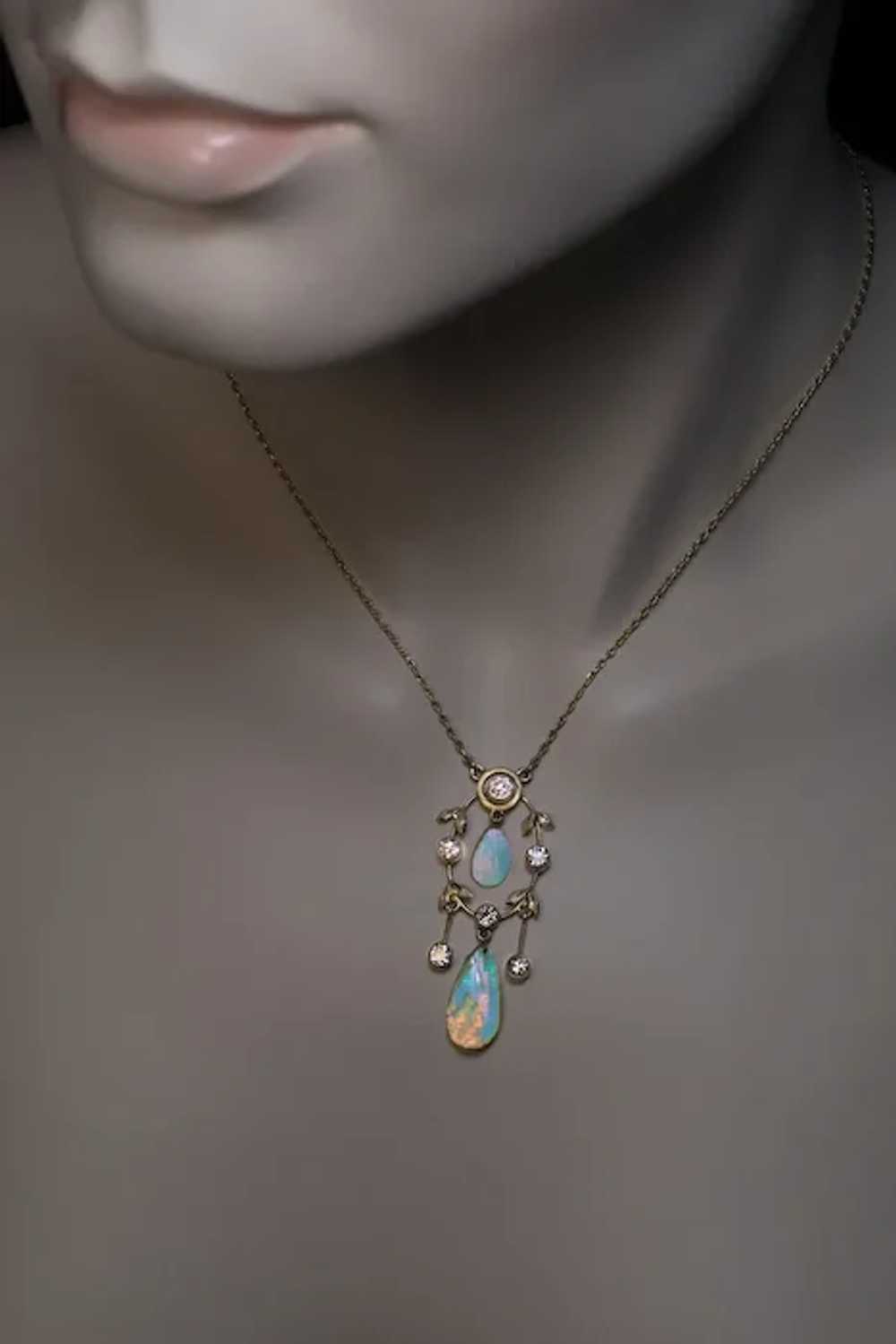 Belle Epoque Antique Opal Diamond Gold Necklace R… - image 2