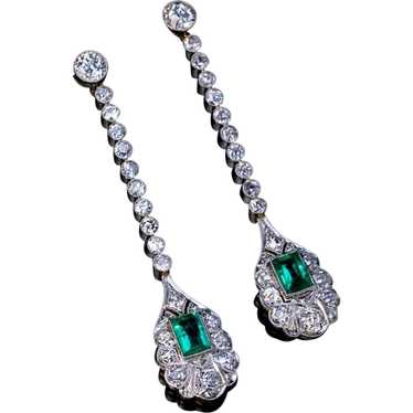 Antique Art Deco Emerald Diamond Ear Pendants - image 1