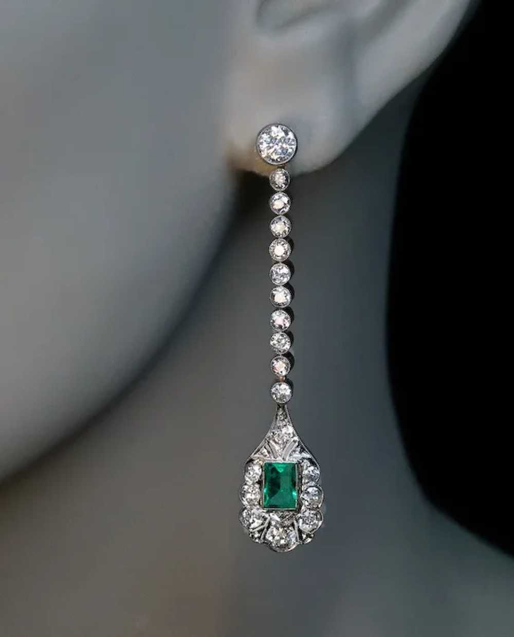 Antique Art Deco Emerald Diamond Ear Pendants - image 2