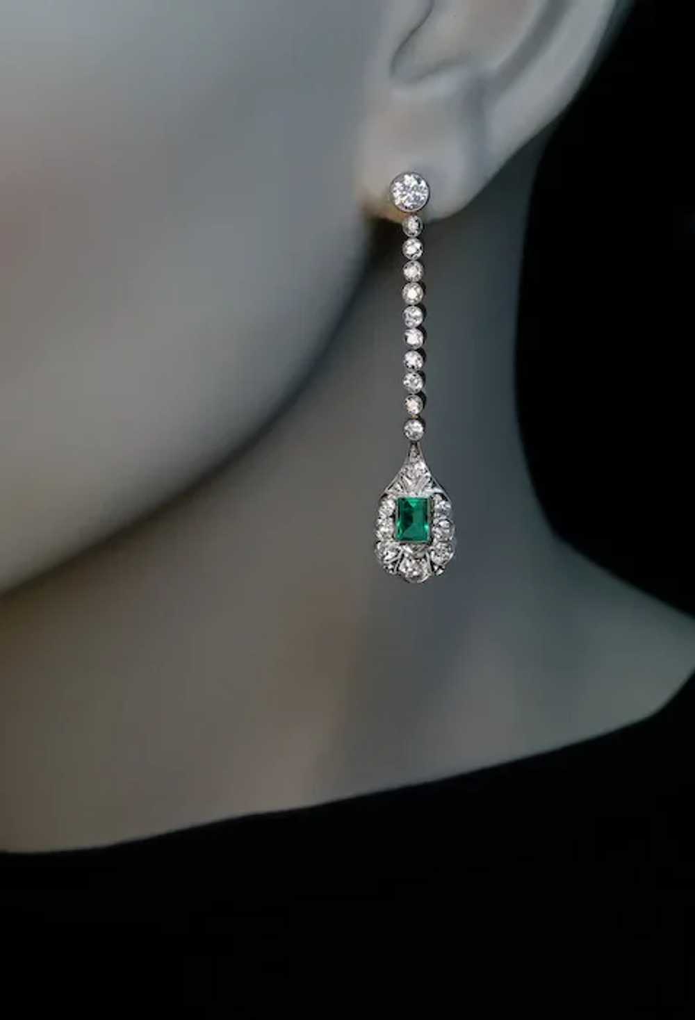 Antique Art Deco Emerald Diamond Ear Pendants - image 3