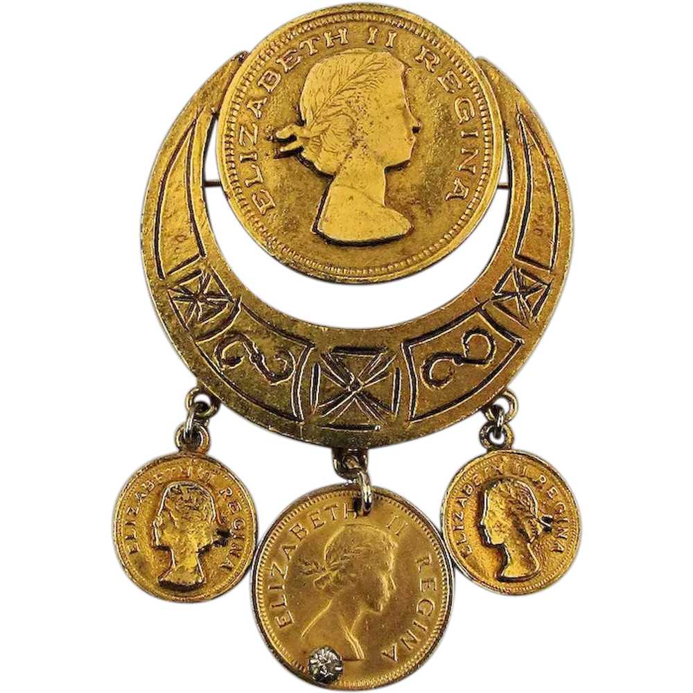 Vintage Queen Elizabeth Tribute Coin Pin Brooch - image 1