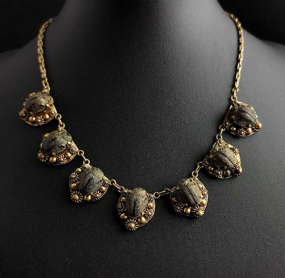 Vintage Real scarab beetle necklace, gilt, c1940s - image 4