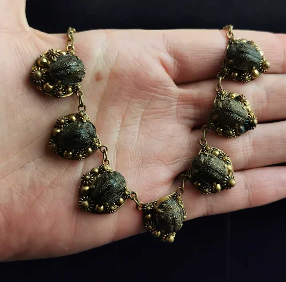 Vintage Real scarab beetle necklace, gilt, c1940s - image 5