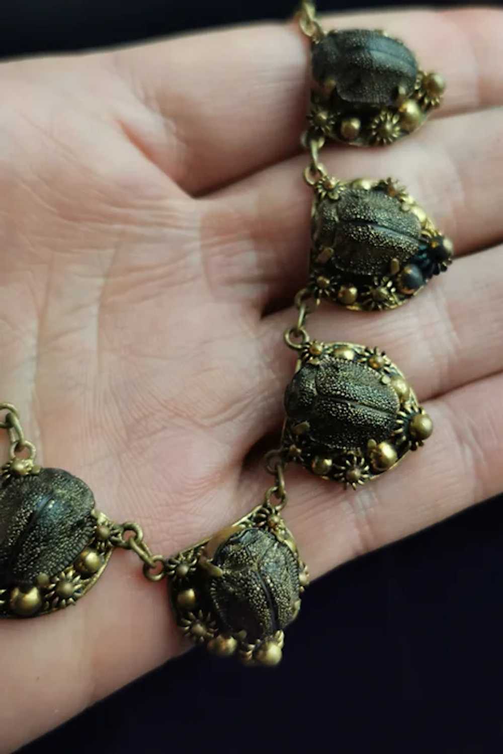 Vintage Real scarab beetle necklace, gilt, c1940s - image 6