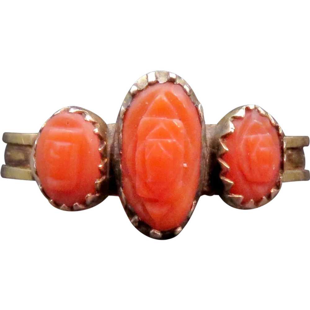 Victorian 18K Gold, Silver & Carved Coral Ring - image 1