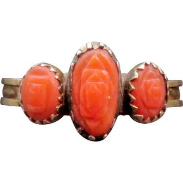 Victorian 18K Gold, Silver & Carved Coral Ring - image 1