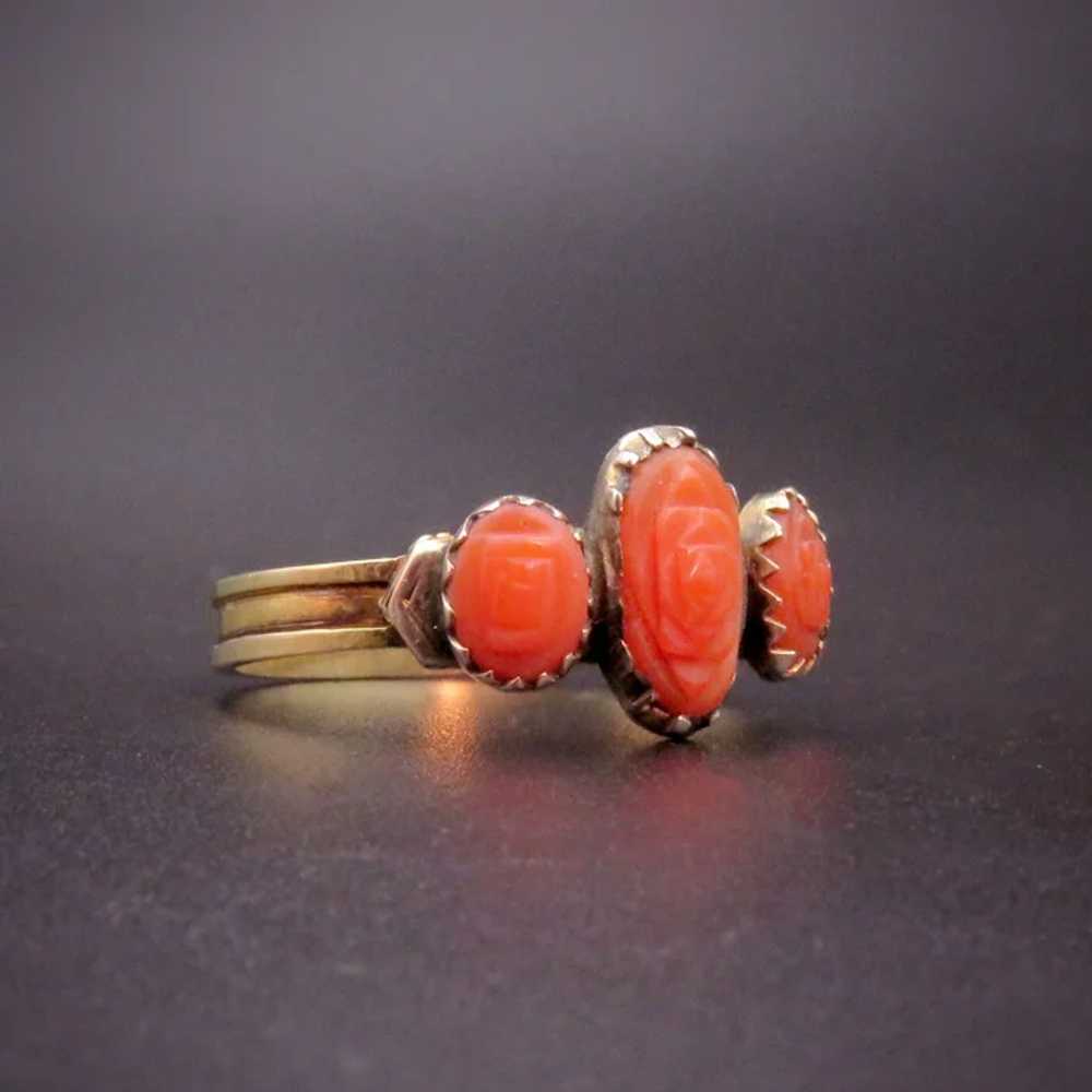 Victorian 18K Gold, Silver & Carved Coral Ring - image 3