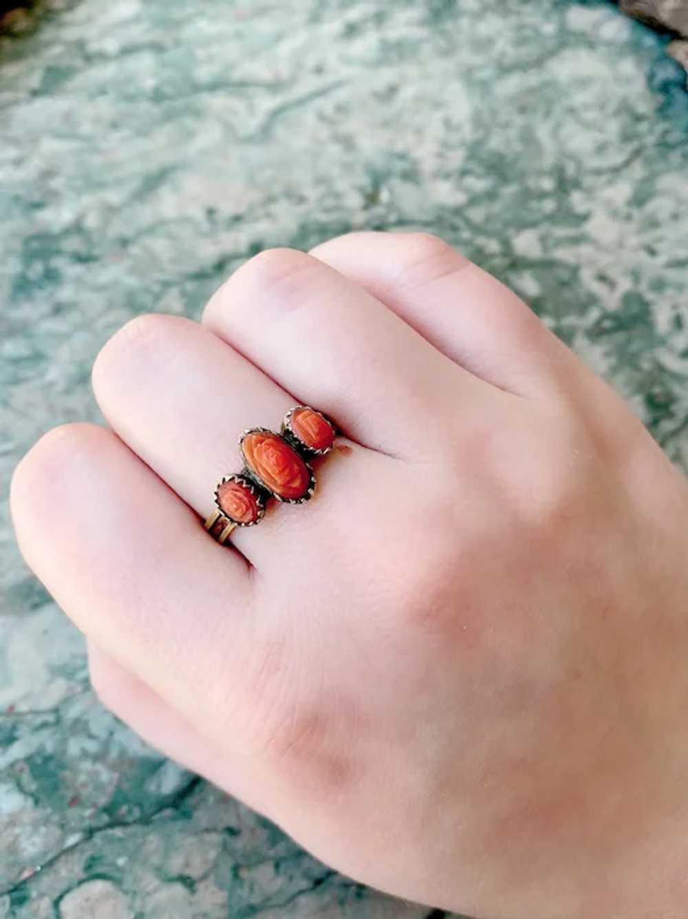 Victorian 18K Gold, Silver & Carved Coral Ring - image 4