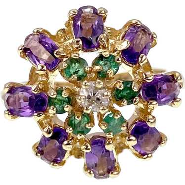 14K Gold Emerald Amethyst & Diamond Cluster Ring