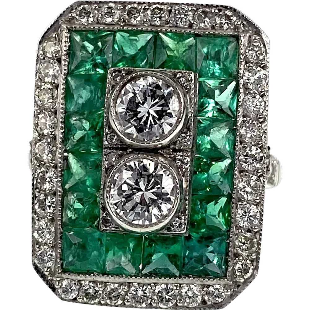 Antique Emerald & Diamond Art Deco Platinum Ring - image 1