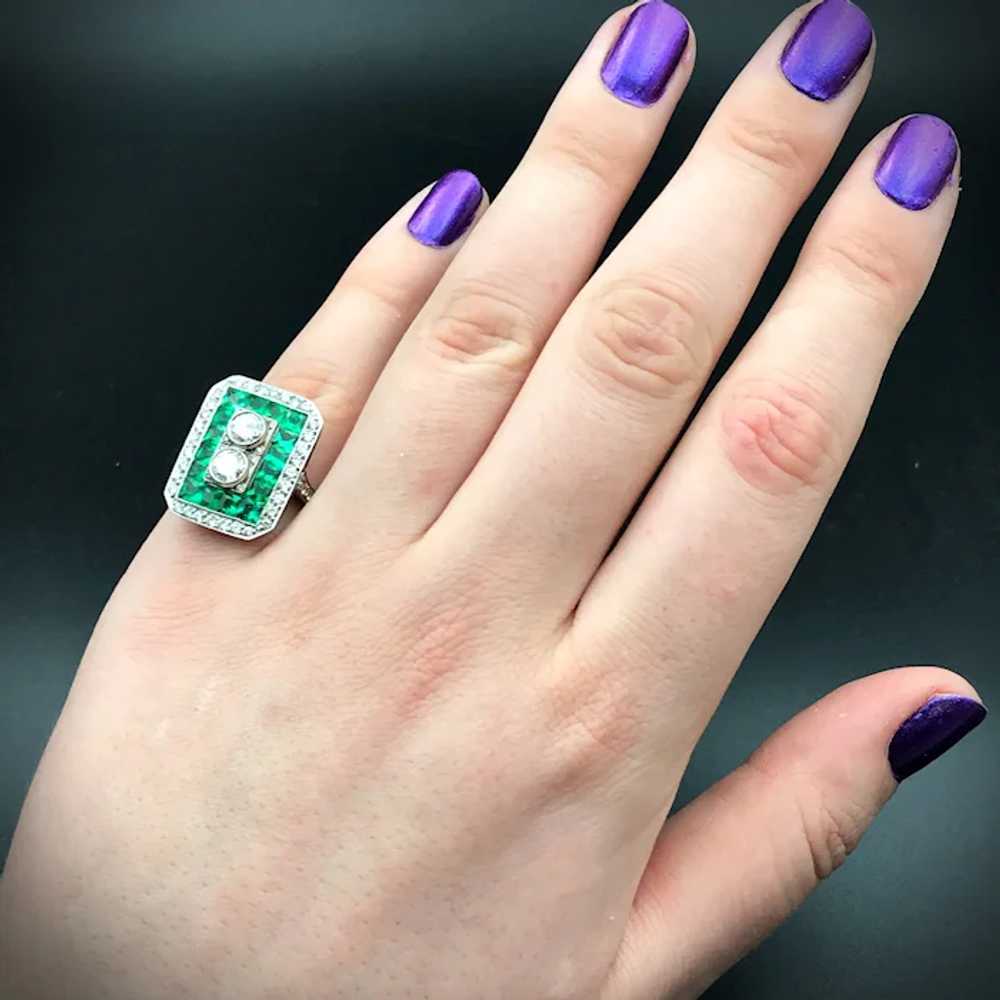 Antique Emerald & Diamond Art Deco Platinum Ring - image 8