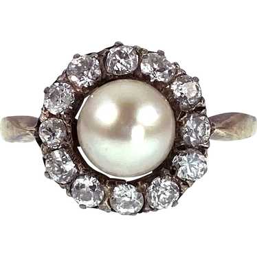 Antique 14K & Siver top, Diamond & Pearl Ring - image 1
