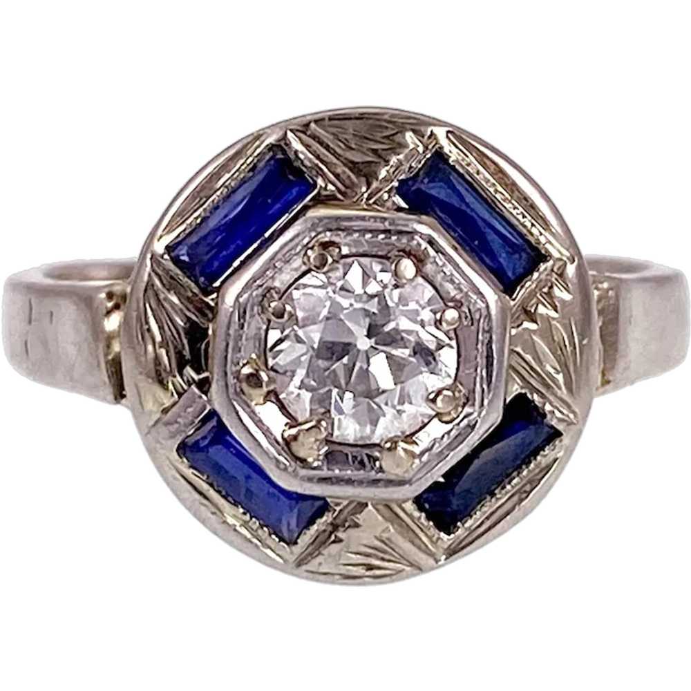 Art Deco 14K, Sapphire & Diamond Ring - image 1