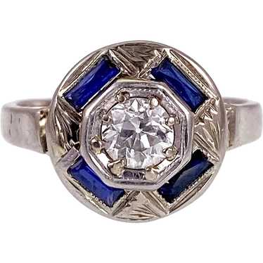 Art Deco 14K, Sapphire & Diamond Ring - image 1