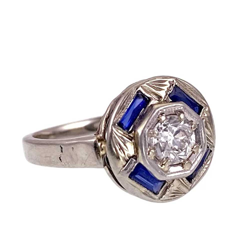 Art Deco 14K, Sapphire & Diamond Ring - image 2