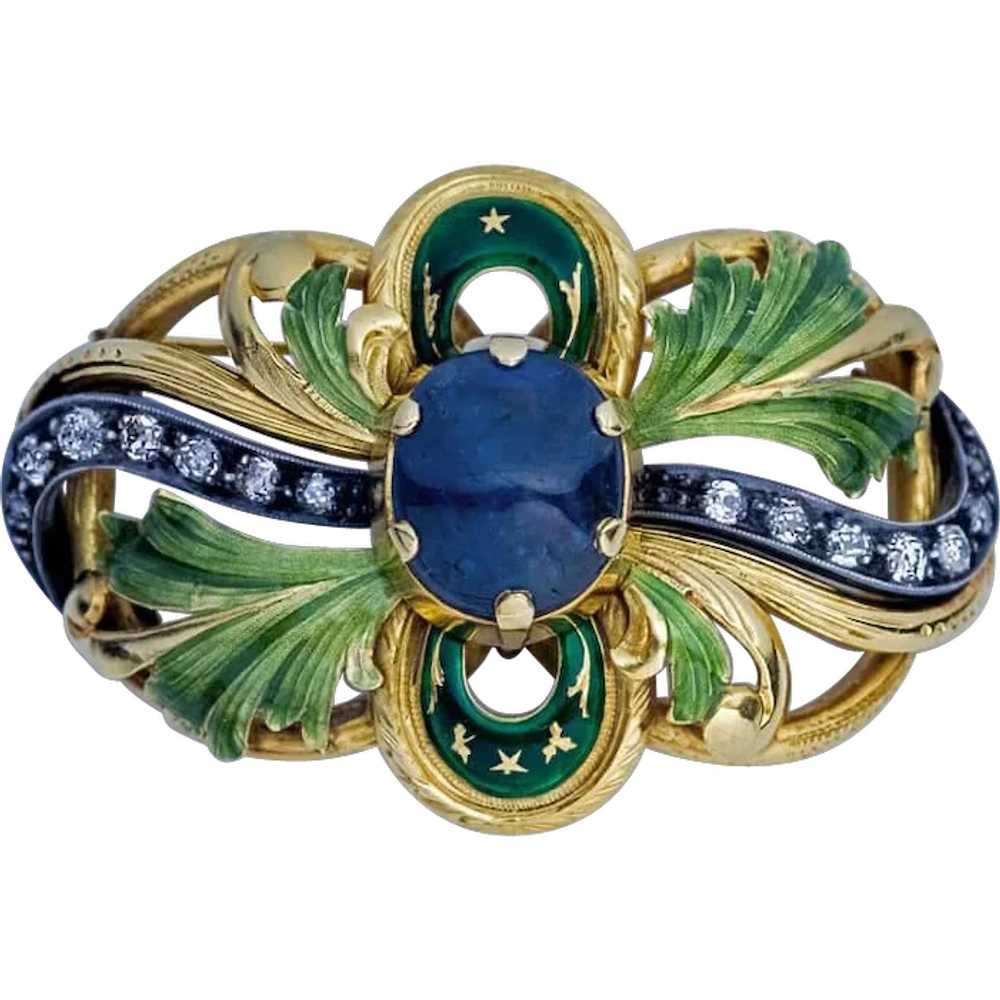 Art Nouveau Antique Sapphire Diamond Enamel Gold … - image 1