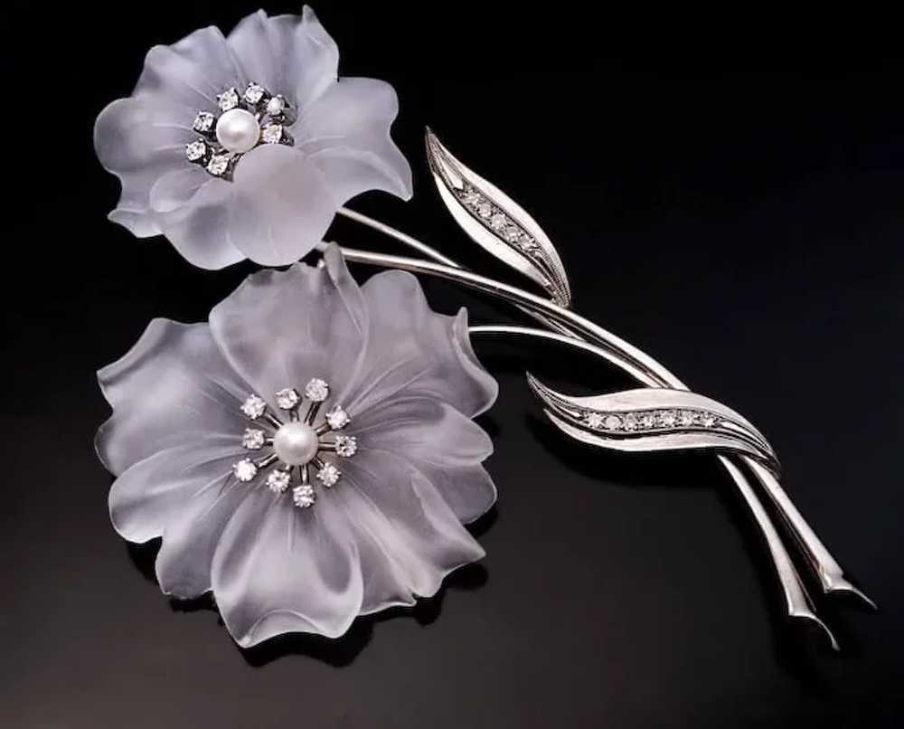 Vintage Rock Crystal Diamond Pearl Flower Brooch - image 3