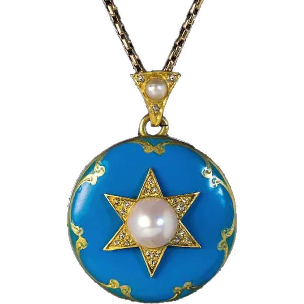 Antique Victorian Blue Enamel Pearl Diamond Penda… - image 1