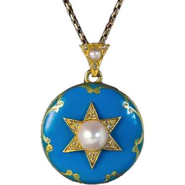 Antique Victorian Blue Enamel Pearl Diamond Pendan