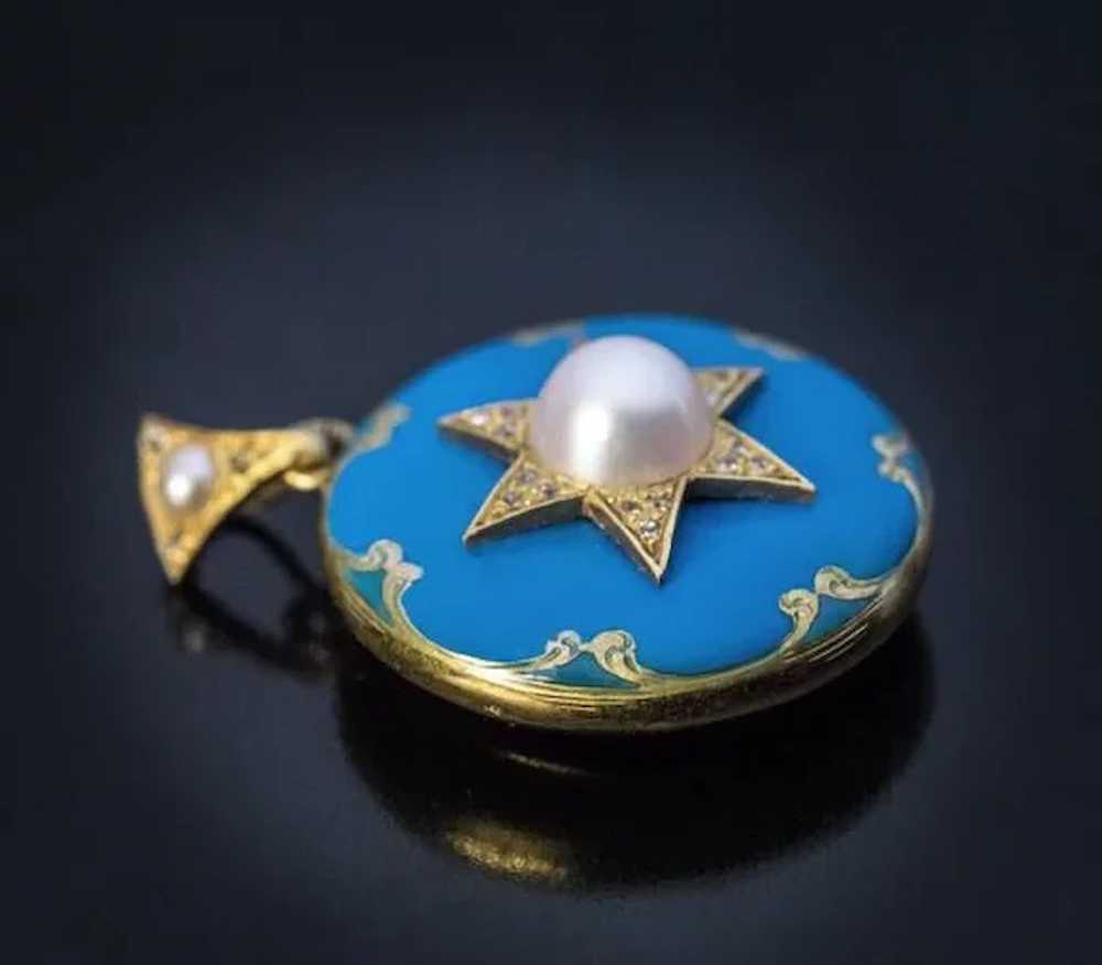 Antique Victorian Blue Enamel Pearl Diamond Penda… - image 2