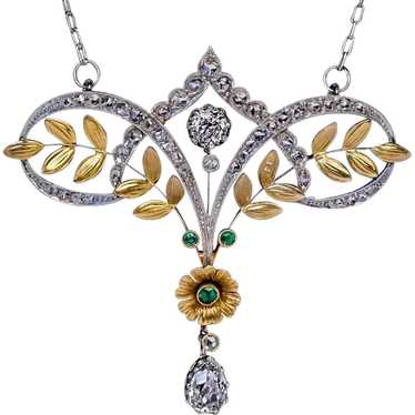Belle Epoque Antique Diamond Emerald Platinum Gol… - image 1