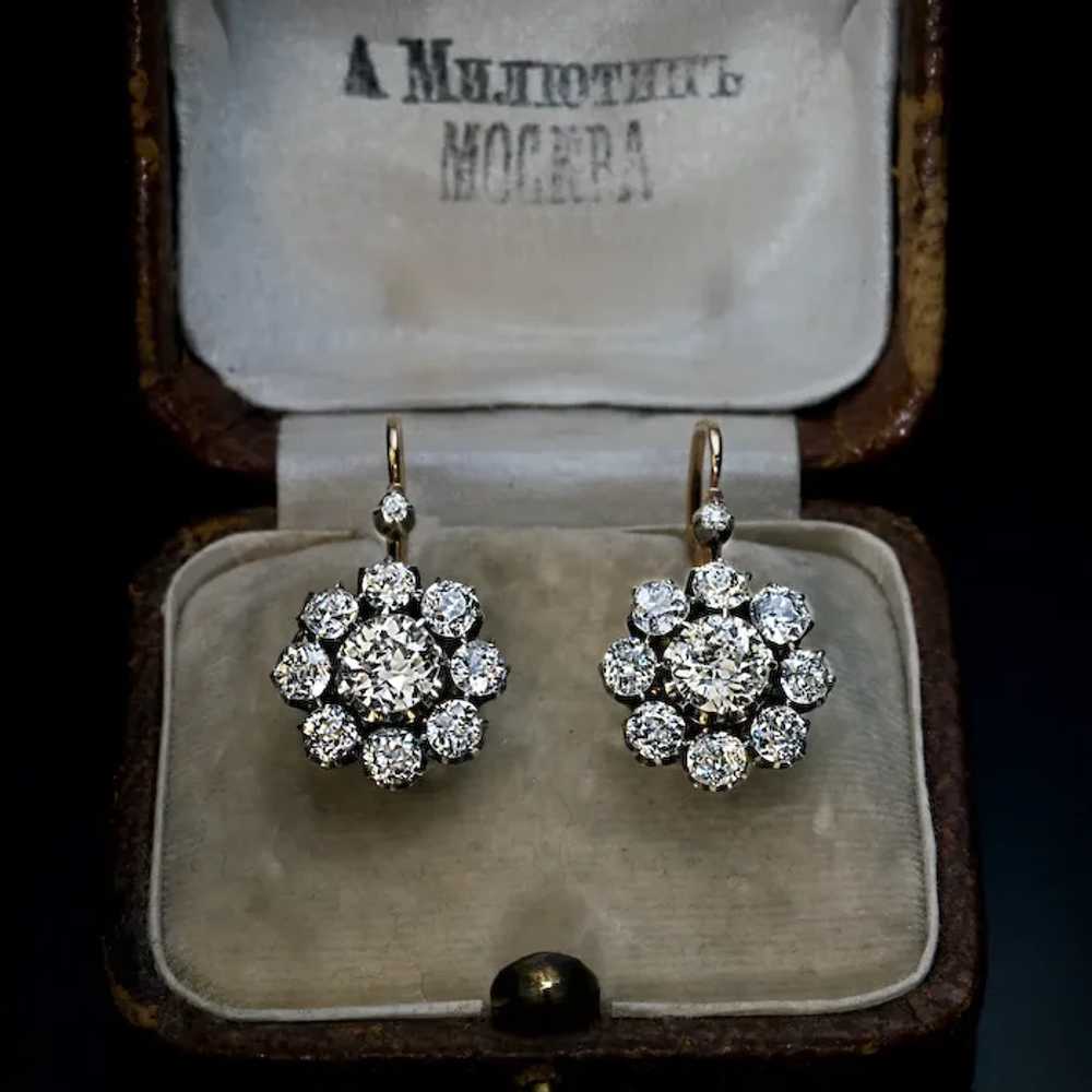 Antique Russian 4.28 Ct Diamond Cluster Earrings - image 2