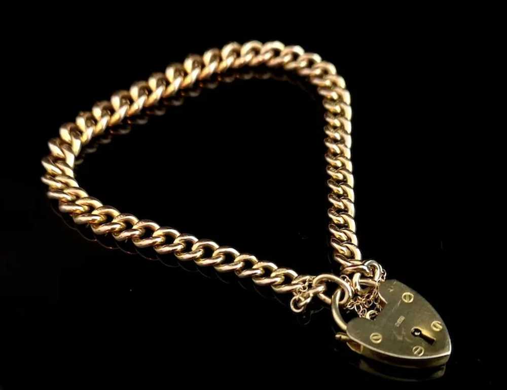 Antique 9ct gold curb link bracelet, heart padloc… - image 2