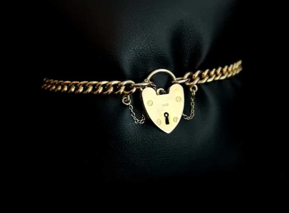 Antique 9ct gold curb link bracelet, heart padloc… - image 4