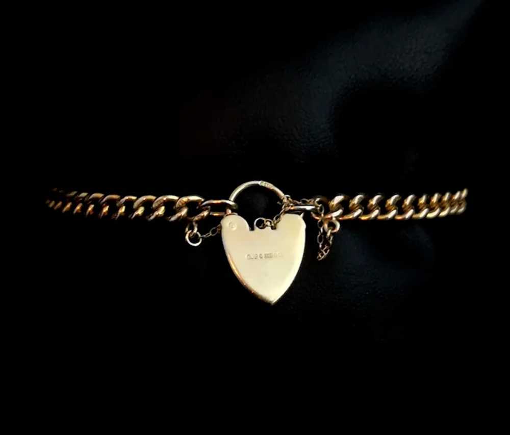 Antique 9ct gold curb link bracelet, heart padloc… - image 6