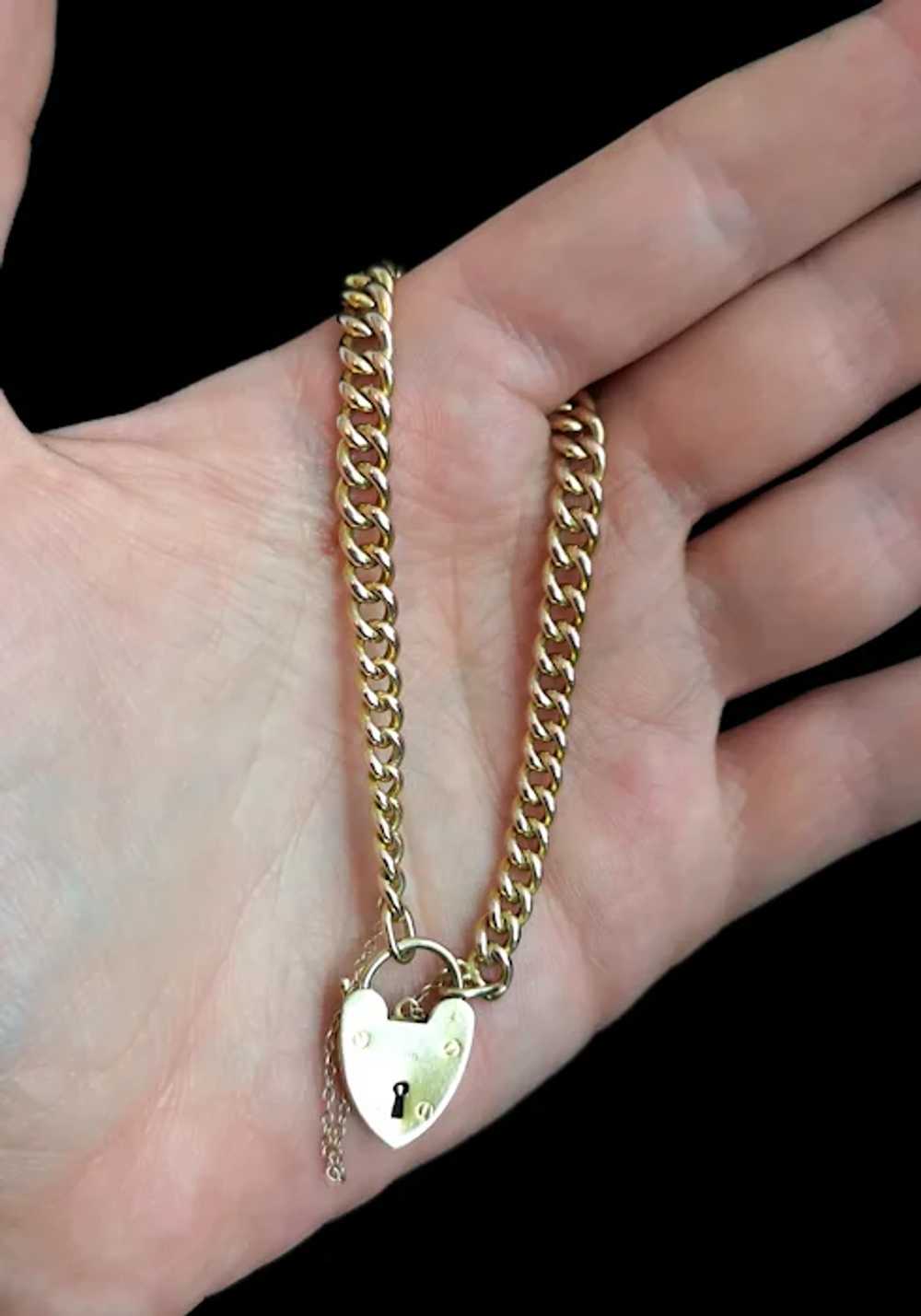 Antique 9ct gold curb link bracelet, heart padloc… - image 9