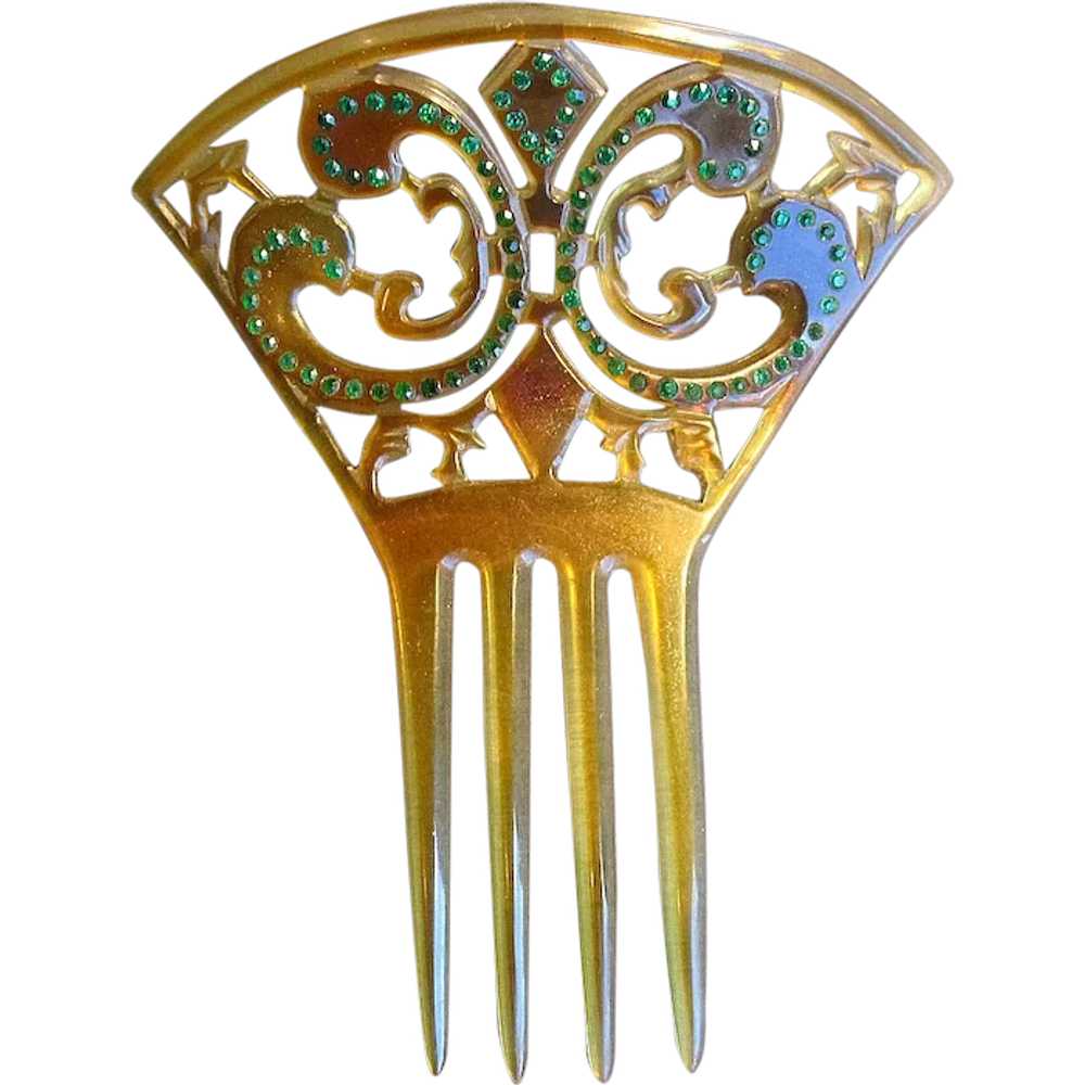 Fleur-de-Lis Celluloid Comb with Green Stones - image 1