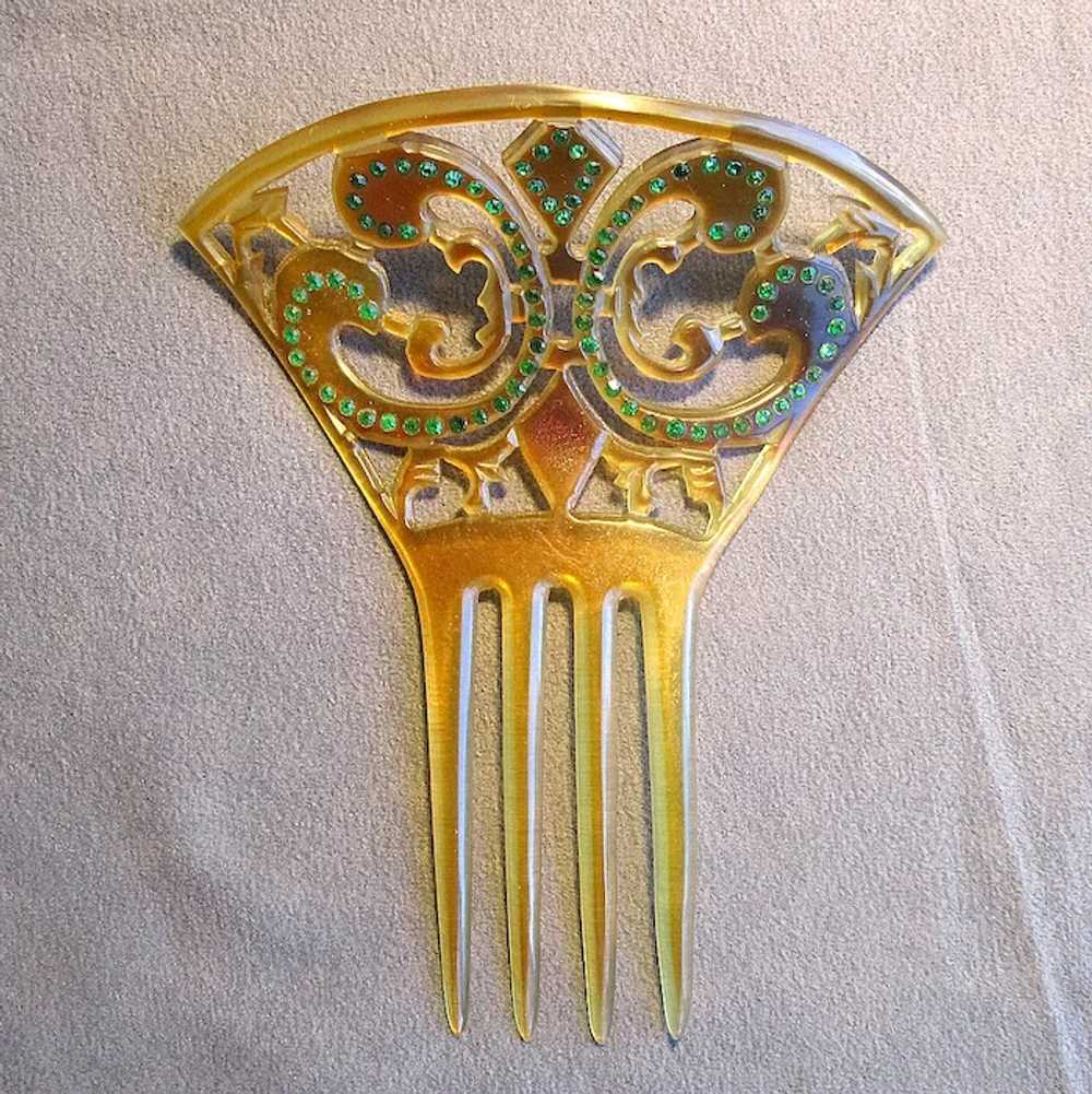 Fleur-de-Lis Celluloid Comb with Green Stones - image 2