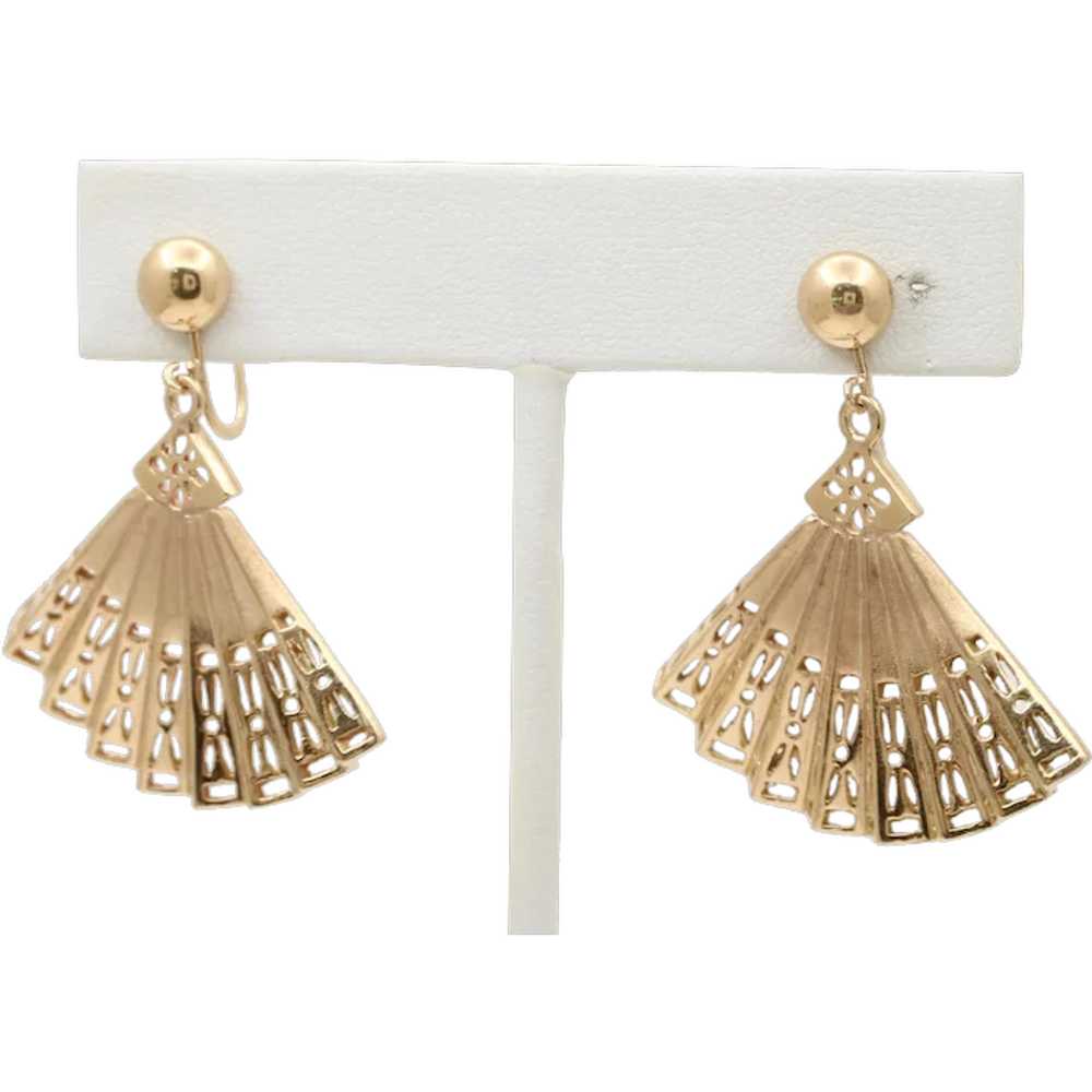 Vintage Folding Fan 14K Yellow Gold Earrings - image 1