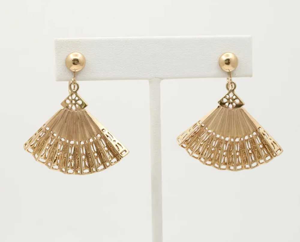 Vintage Folding Fan 14K Yellow Gold Earrings - image 3