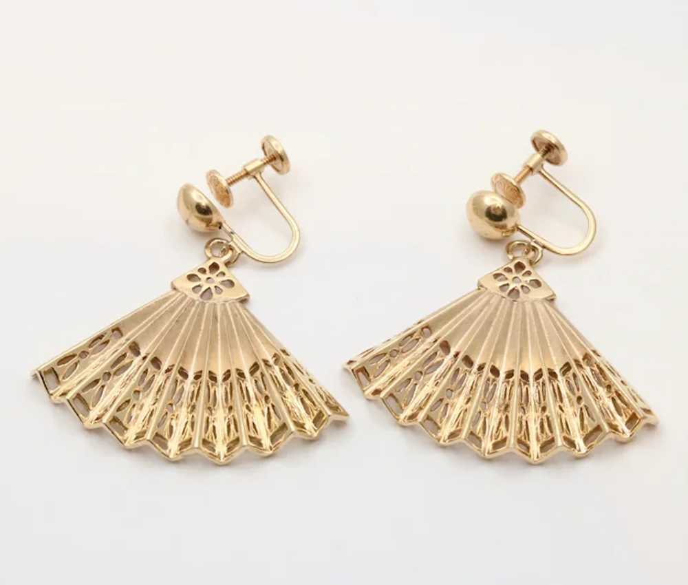 Vintage Folding Fan 14K Yellow Gold Earrings - image 4