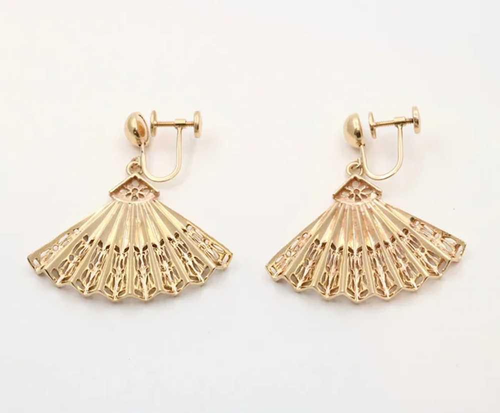 Vintage Folding Fan 14K Yellow Gold Earrings - image 5