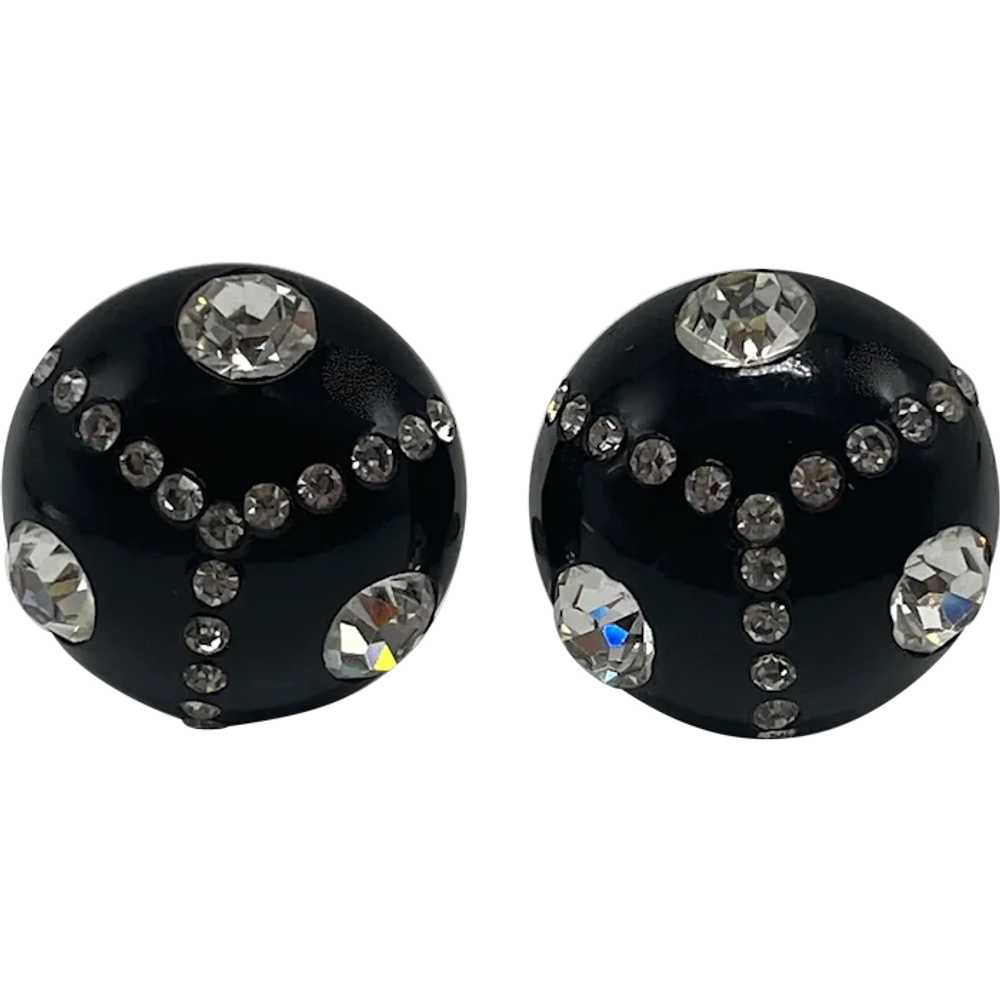 Vintage 1950s Black and Clear Round Clip Earrings - image 1