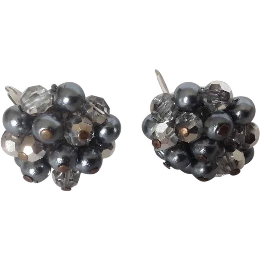 VIntage Pearlcraft Gray Bead Cluster Clip Earrings - image 1