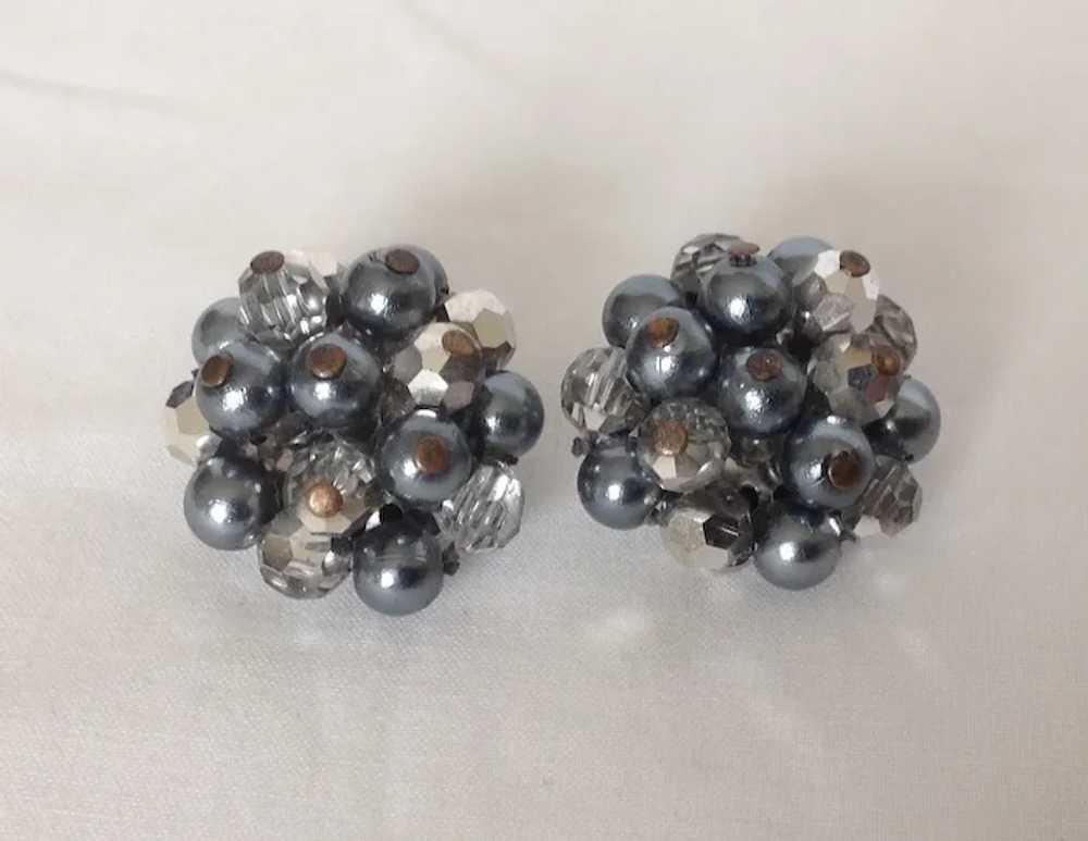 VIntage Pearlcraft Gray Bead Cluster Clip Earrings - image 2