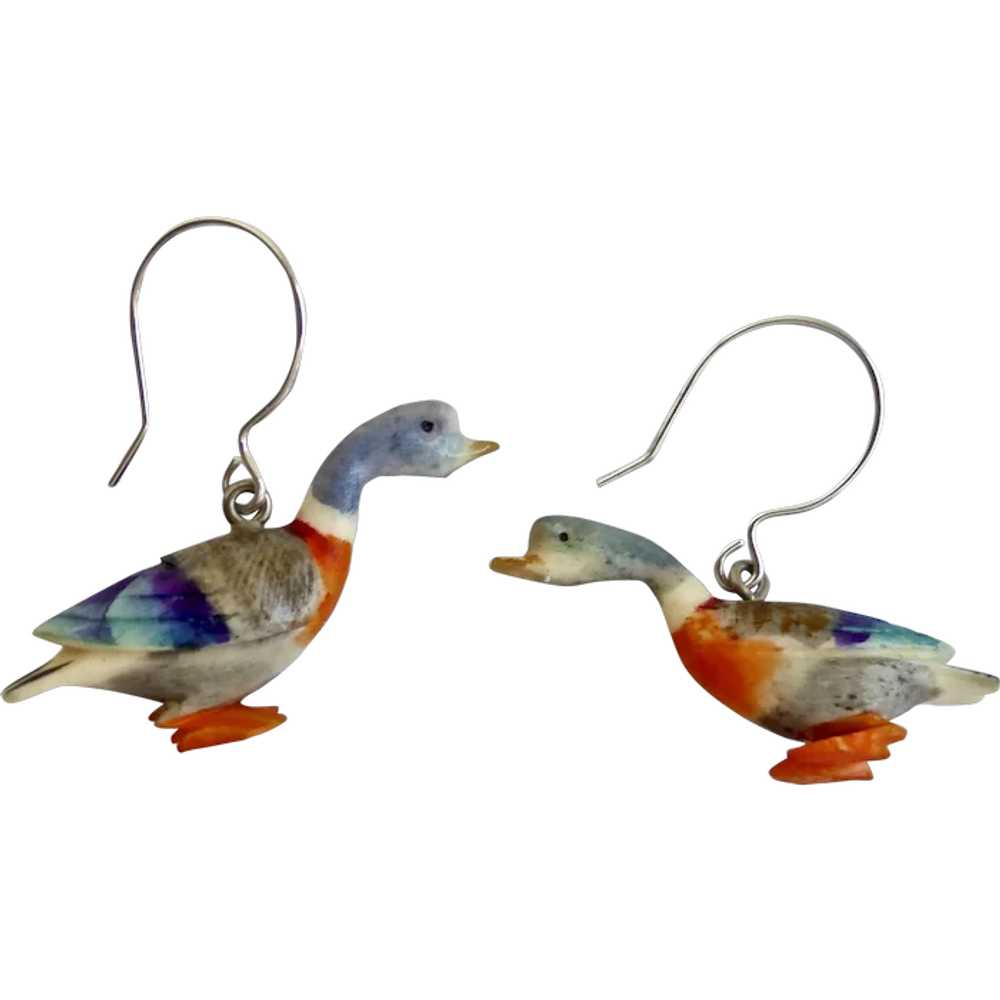 Vintage Hand Painted Colorful Celluloid Geese Ear… - image 1