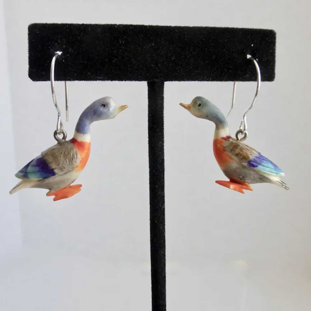 Vintage Hand Painted Colorful Celluloid Geese Ear… - image 2